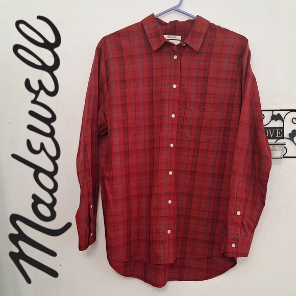 Madewell Chenille Yarn Plaid Oversize Ex-Boyfriend Shirt Red - Picture 1 of 4